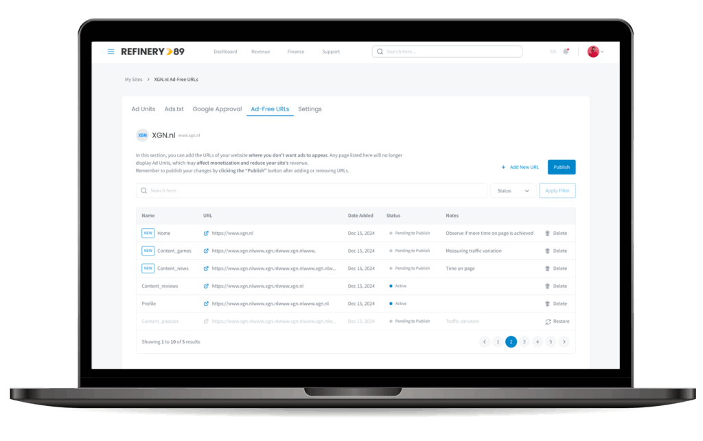 Ads Free URL dashboard section 