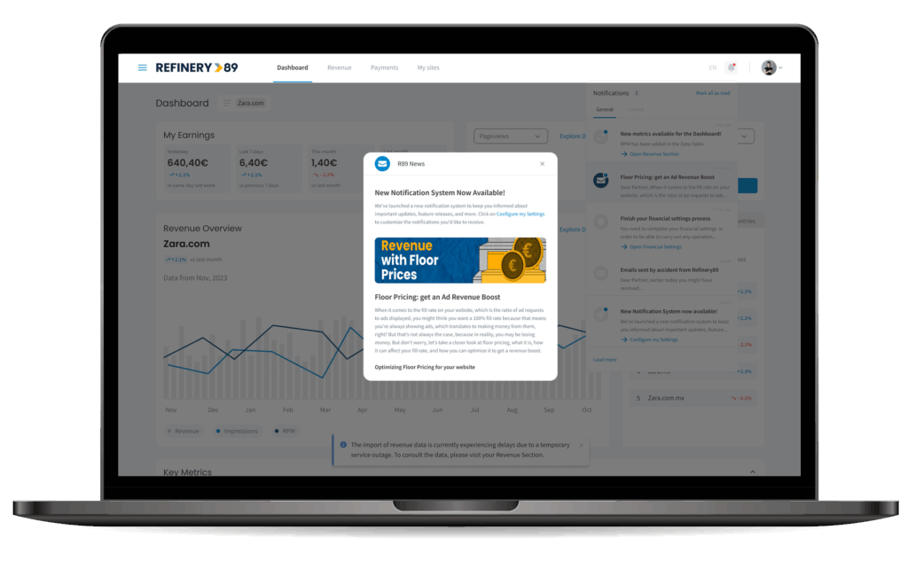Notification section on the publisher dashboard